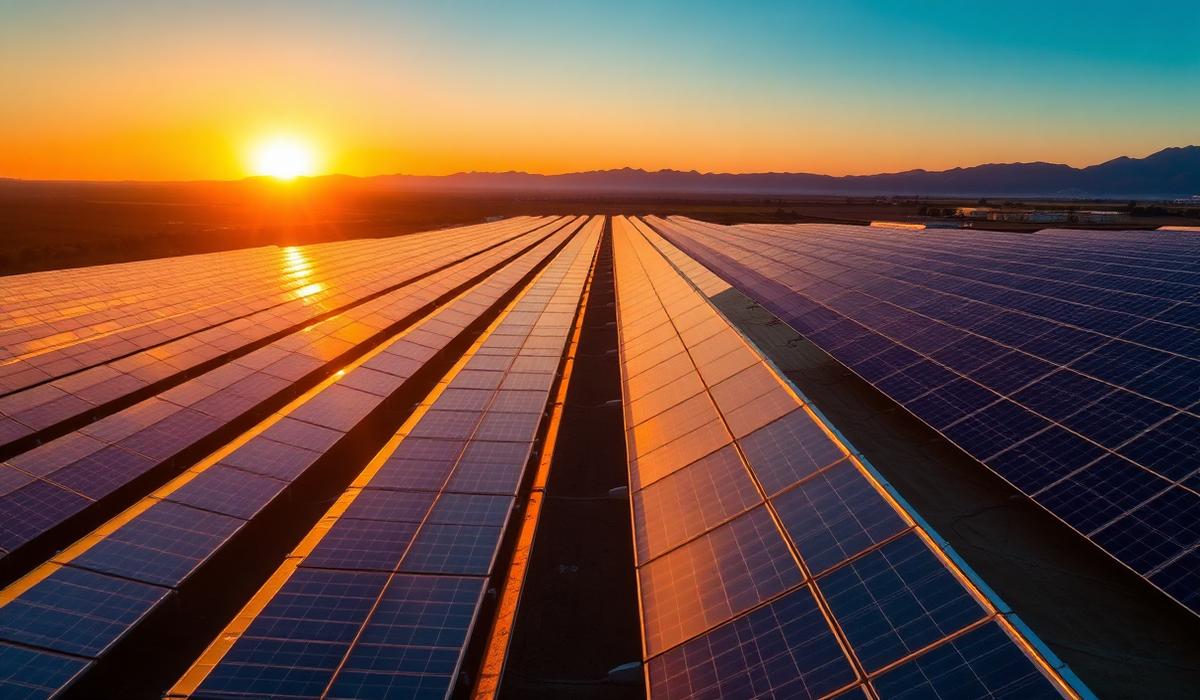 Solar panel farm at sunset