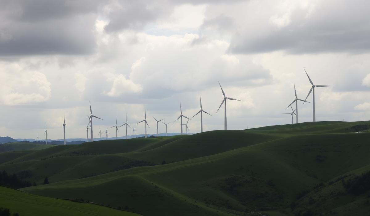 Wind turbines on green hills